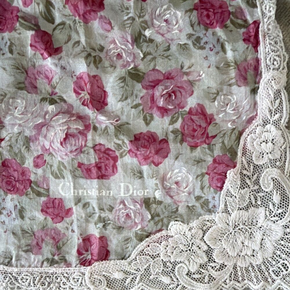 Vintage Christian Dior Floral Lace Handkerchief Pocket Square Pink Rose Cotton